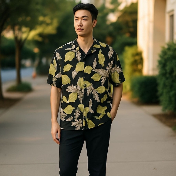 Falls Creek Hawaiian Shirt M | Black Floral Rayon Aloha Button Down - Picture 1 of 10